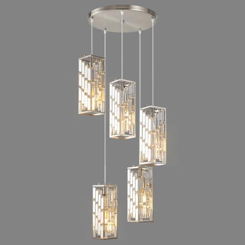 Brushed Nickel Pendant Lighting Modern Pendant Light, Mini Crystal Chandeliers, Adjustable Pendant Light Fixture for Kitchen Island Dinning Room Bedroom (5 Light) - color: Nickel, size: 5-Light