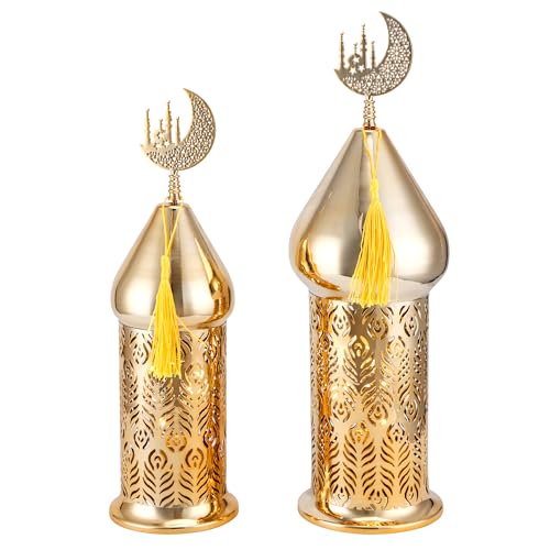 TRIROCKS Ramadan Lanterns Set of 2 14" &12" Gold Electric Candle Holders with Timer, Metal Decorative Vintage Lanterns for Indoor/Outdoor Decor, Perfect EID Mubarak Gift - color: Moonlight Lantern