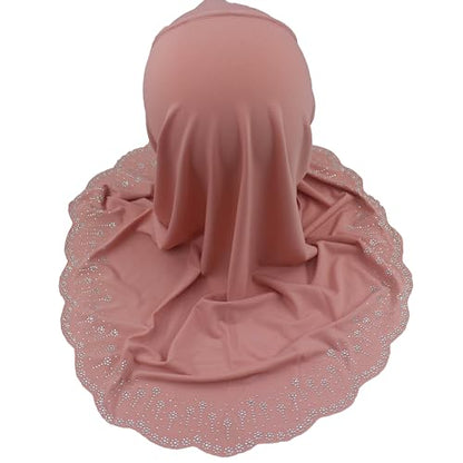 Girls Hijab with Rhinestones – Sparkly Non-Slip Amira Scarf for Kids, for Daily Prayer, School, Ramadan & Eid (Ages 4-12) - color: Dark Pink-wavy Edge