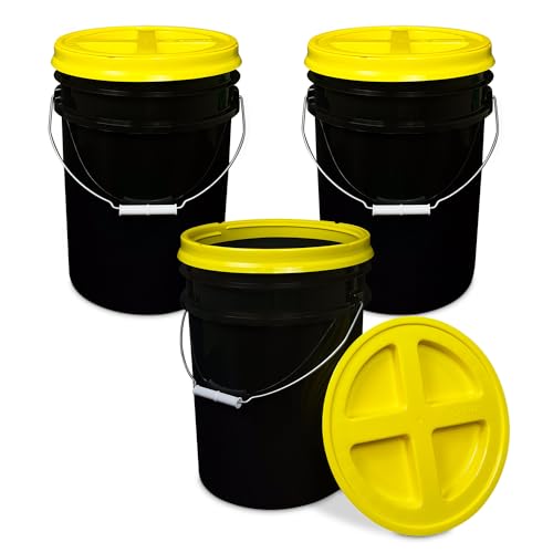 5 Gallon Bucket - Food Grade w/Lid BPA-Free, Black/Yellow, 3 | Airtight Gamma Seal Screw-On Lid, Heavy-Duty 90 Mil HDPE Plastic, Food Safe and Durable Container, Bulk Storage, Made in USA - color: Black/Yellow, size: 3 Packs