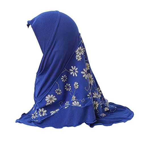 Girls Ice Silk Muslim Khimar Hijab Headscarf Flower Arab Scarf Shawls Neck Wrap Islamic Head Wrap for Age 2-7 Years - color: Style 2-sapphire Blue