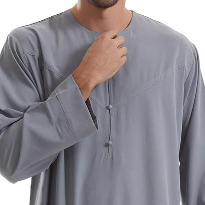 IKADEX Muslim Thobe for Men Islam Kaftan Long Sleeve Button Down Casual Henley Prayer Robe Clothing Dubai Arabic with Pockets - color: B-grey, size: Small