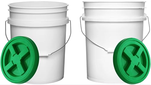 Food Grade 5 Gallon Made in USA Plastic Bucket with Air Tight Screw on Lid (White Buckets with Green Lids) - color: White Buckets With Green Lids