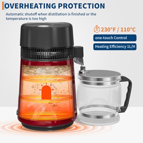 4L Countertop Stainless Steel Distilled Water Purifier, Distilled Water Making Machine with Glass Container, Ideal for Household, Workplace, Lab, and Aquarium Usage-Red - color: Red