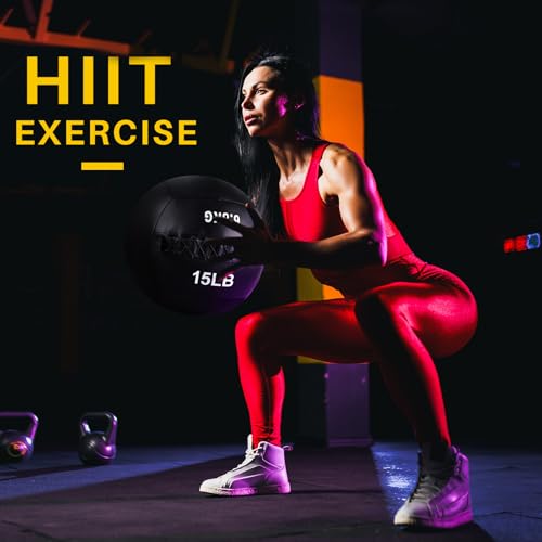 Lunmon Soft Wall Medicine Ball for Exercise Fitness Slam Weighted Med Ball with Non Slip Grip for Slamming Workout Strength Conditioning Core Training Lunge and Partner Toss - size: 15 lb