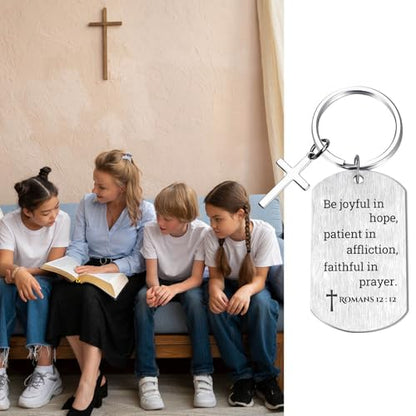 Inspirational Scripture Keychain with Cross - Bible Verse Matte Key Chain Religious Gift for Christian - style: Romans 12:12