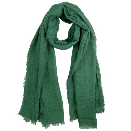 Summer Cotton Blend Crinkle Vintage Soft Scarf with Fringed Edges 35" × 70" - color: Christmas Green