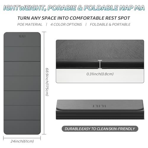 ILILI Foldable Yoga Mat 71 * 24 * 0.3 Inch | Lightweight TPE Non Slip Exercise Mat, Waterproof Portable Fitness Mat for Home Gym, Pilates, Stretching & Daily Workouts - color: Grey