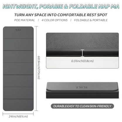 ILILI Foldable Yoga Mat 71 * 24 * 0.3 Inch | Lightweight TPE Non Slip Exercise Mat, Waterproof Portable Fitness Mat for Home Gym, Pilates, Stretching & Daily Workouts - color: Grey