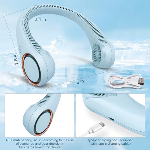 CIVPOWER Neck Fan: Portable Personal Neck Cooling Rechargeable Bladeless Fan - Hands Free 3 Speed 4000 mAh Battery USB Operated Wearable Headphone Design - Gift for Men Women Outdoor (Light Blue) - color: Light Blue