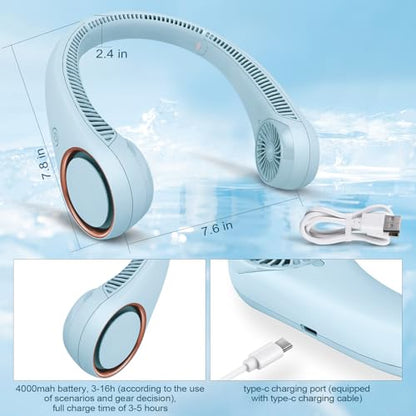 CIVPOWER Neck Fan: Portable Personal Neck Cooling Rechargeable Bladeless Fan - Hands Free 3 Speed 4000 mAh Battery USB Operated Wearable Headphone Design - Gift for Men Women Outdoor (Light Blue) - color: Light Blue