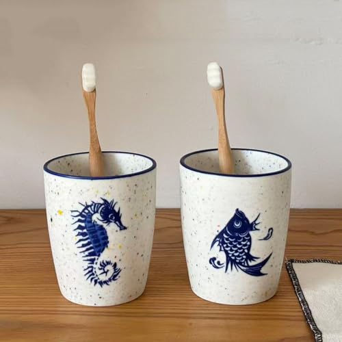 2pcs Ceramic Bathroom Toothbrush Holder and Cup | Made of ceramic, moderate weight, neither too heavy nor too light.Can be used as mouthwash cup and pen holder.