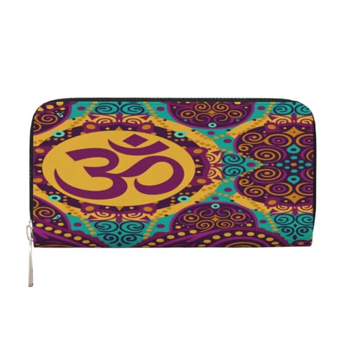 Indian-Inspired Om Symbol Mandala PU Leather Long Wallet for Women Men, Zipper Clutch Wallet RFID Card Holder Organizer - color: Indian-Inspired Om Symbol Mandala