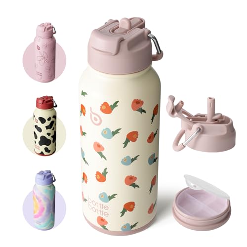 BOTTLE BOTTLE 32oz Insulated Water Bottle with Pill Box | Stainless Steel,Sport Water Bottle, with Straw Dual-use Lid and Pill Box, Design for Gym - color: buds rain