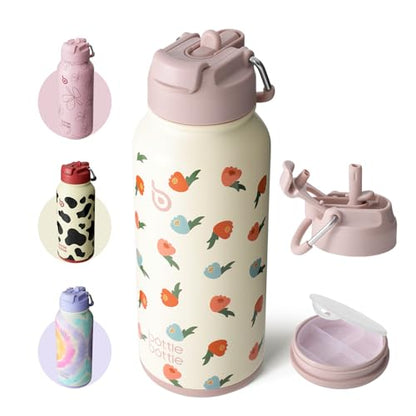 BOTTLE BOTTLE 32oz Insulated Water Bottle with Pill Box | Stainless Steel,Sport Water Bottle, with Straw Dual-use Lid and Pill Box, Design for Gym - color: buds rain