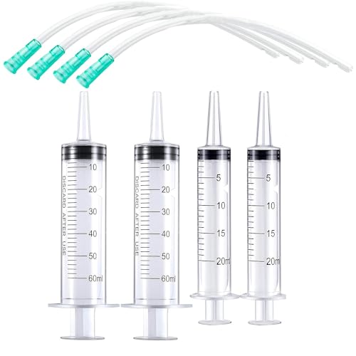 4pcs Plastic Syringe with 13inch Tube for Liquids, Oral, Scientific Labs, Measuring, Dispensing, animal feeding, pouring plants, including 2pc of 20ml and 60ml Syringes