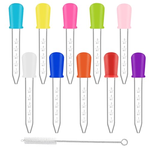 5ml Clear Eye Dropper Pipette Droppers 10 Pack | Multicolor Silicone Bulb Pipettes with Cleaning Brush for Liquid Transfer, Lab & DIY Craft Use - color: 10-multicolor