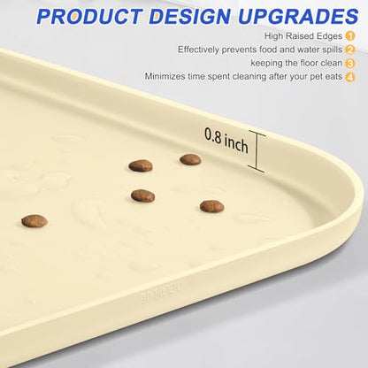 SMILOOL Silicone Pet Food Mat with Raised Edge for Food and Water Bowl, Dog Feeding Mats, Cat Food Trays for Floor Waterproof, Rubber Tray for Dogs and Cats, 24 x 16 x 0.8 White Sand(Yellow Cast)