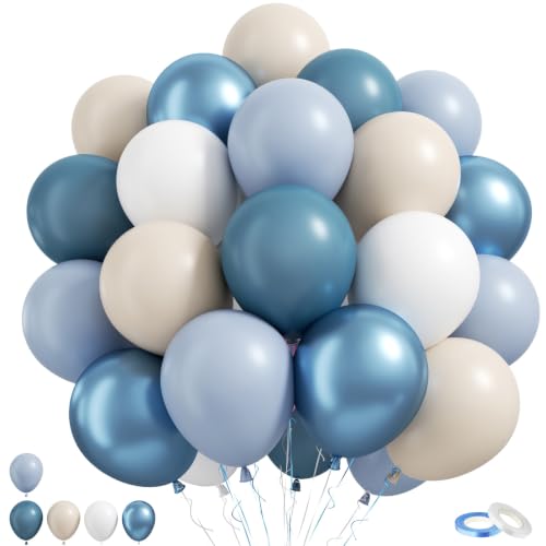 Dusty Blue and White Balloons, 50Pcs 12 Inch Neutral Boho Party Decorations - color: Blue and White