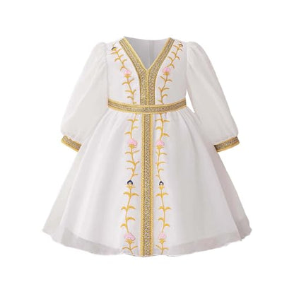 Girls Muslim Dress Kids Girls Floral Embroidery Prayer Dresses Long Sleeve V Neck Elegant Kaftan Dresses for Party - size: 9-12 Months