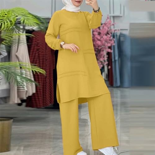 Abayas Dress For Women Muslim Long Sleeve Loose Top Pants 2 Pcs Dubai Islamic Muslim Women Matching Sets - color: Yellow Cc, size: Large