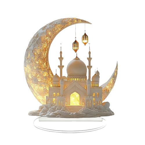 Ramadan Decorations for Home, Ramadan Gifts for Kids, Table Decor, Acrylic Desktop 2D Spray Painted Acrylic Crescent and White Palace Design (F) - color: Desktop Decor - White