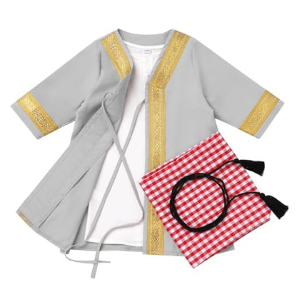 Muslim Clothes for Baby Boy Arabian Robe Plaid Turban Scarf Eid Ramadan Dubai Attire Infant Abaya Saudi Kaftan Kurta - color: Grey (4pcs), size: 6-12 Months