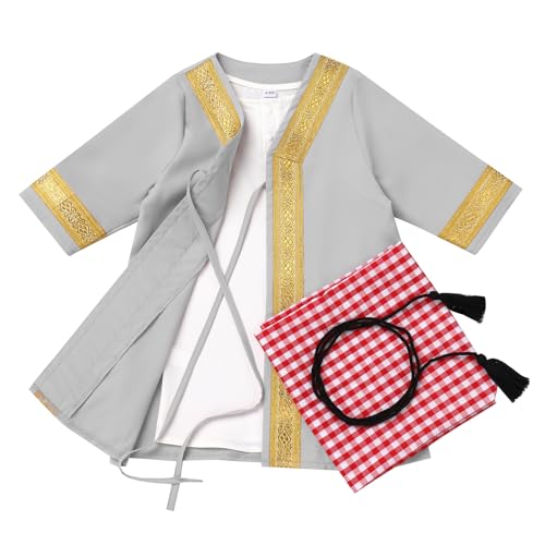 Muslim Clothes for Baby Boy Arabian Robe Plaid Turban Scarf Eid Ramadan Dubai Attire Infant Abaya Saudi Kaftan Kurta - color: Grey (4pcs), size: 6-12 Months