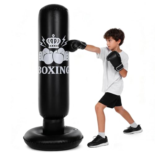 Inflatable Boxing Bag for Kids 63in Punching Dummy Post Toy for Karate Taekwondo Mixed Martial Arts Independent Training Target Black