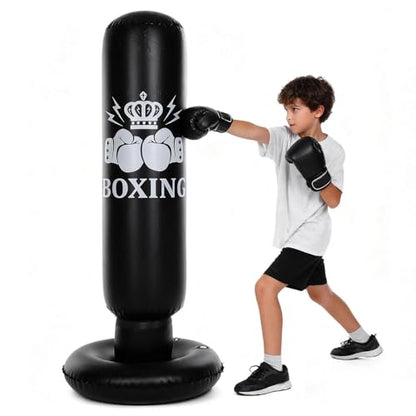 Inflatable Boxing Bag for Kids 63in Punching Dummy Post Toy for Karate Taekwondo Mixed Martial Arts Independent Training Target Black