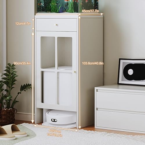 HARELA Robot Vacuum Stand Hidden Cabinet, Sweeping Robot Storage Rack with Doors and Drawer, Side Table Storage Cabinet for Living Room, Bedroom, Home(White,40x45x103.6cm) - size: 40x45x103.6cm