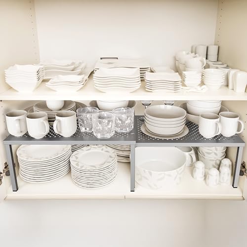 Simple Houseware Cabinet Counter Shelf Organizer w/Steel Surface, Silver | Expandable & Stackable 9" D x 12.75" W x 5.9" H - color: Silver