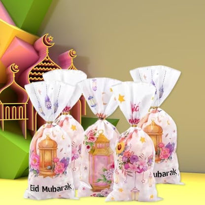 Sanfly Eid Mubarak Goodie Bags 50 Pcs Ramadan Gift Bags, Watercolor Moon Flower Print Eid Theme Plastic Candy Snack Pouch
