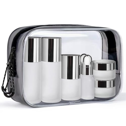 Glass Travel Bottles for Toiletries, TSA Approved, Leak Proof Refillable Travel Size Containers with Pump Spray Dropper Jars for Skincare Lotion Cream or Shampoo - color: Frosted Glass Bottle with Silver Lid