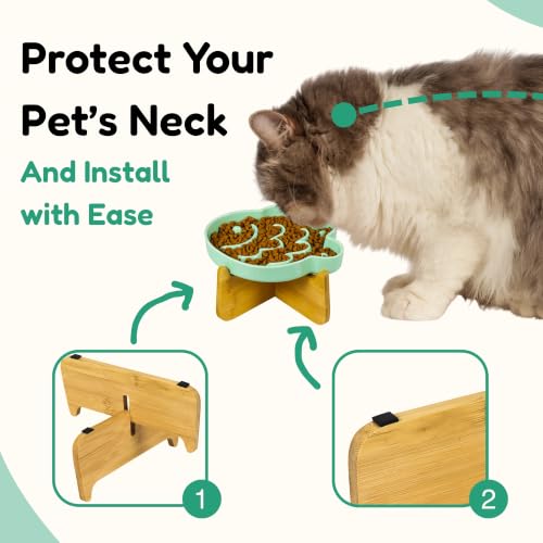 Elevated Slow Feeder Cat Bowl with Stand, 6.3''Ceramic Fish Maze Cat Food Bowl, Raised Whisker Friendly Wide Shallow Cat Dish for Wet & Dry Food, Non Slip Puzzle Feeder for Cats & Small Dogs (Green) - color: Green with Stand