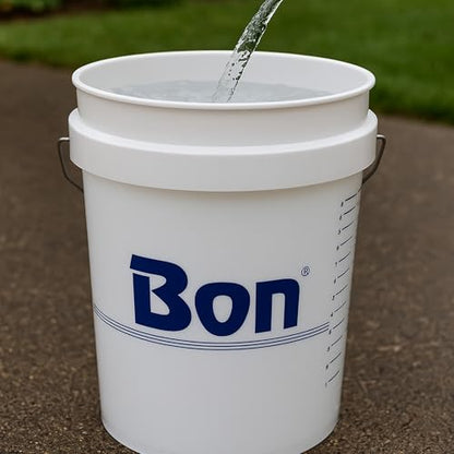 Bon Clear Measuring Pail 5 gal. – Heavy-Duty Calibrated Mixing Bucket with Liter, Quart & Gallon Markings – Solvent-Resistant Plastic Pail with Reinforced Rim and Comfort Grip Handle