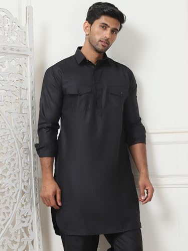 Maple Clothing Punjabi Kurta Pajama Set Pathani Mens Cotton Indian Clothes Bollywood Outfit - color: Black, size: X-Large