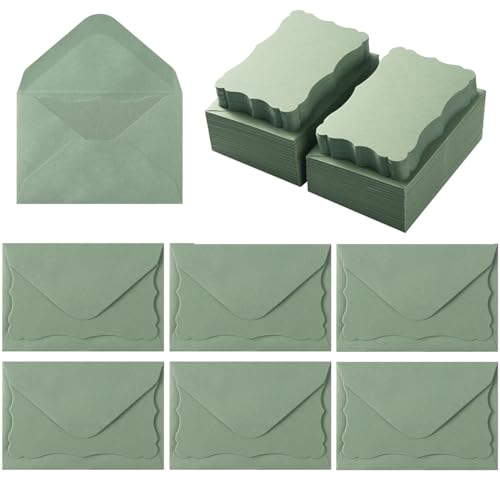 100 Pack Mini Envelopes with Blank Note Cards, Sage-Green | 4 x 2.7 Inches, Self-Adhesive, Small Business Card Size - color: Sage-Green