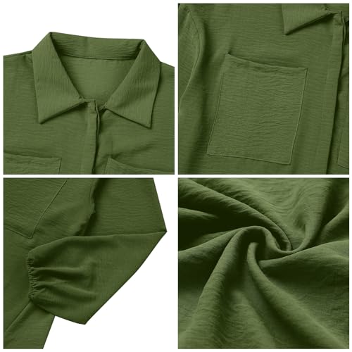 ODIZLI Muslim Long Sleeve Blouse Wide Leg Pants Suits Autumn Solid Abaya Women Matching Sets 2PCS Tracksuits Turkey Kaftan - color: Olive Green-pockets Button Down Shirt, size: 5X-Large