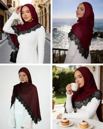 JUMISEE Elegant Floral Lace Hijab Scarf for Women Soft Cotton Head Wrap Instant Hijab Long Scarves Evening Dress Shawl - color: Burgundy With Black Lace Trim