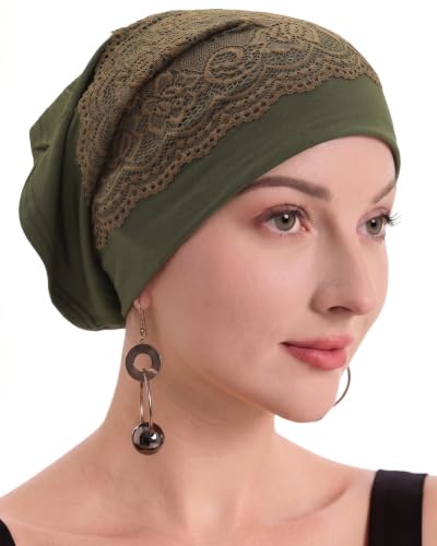 ZLYC Hijab Cap for Muslim Women Soft Stretchy Open-Back Inner Undercap - color: Lace Solid Army Green