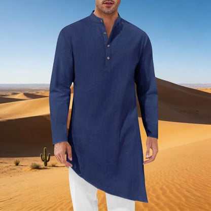 Mens Kaftan Robe Thobe Cotton Long Sleeve Henley Shirt Casual Muslim Gown Kurta Tops - color: Navy, size: Small