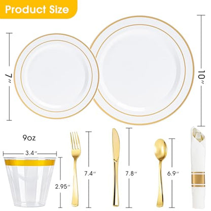 350 PCS White and Gold Plastic Dinnerware Set for 50 Guests - color: Gold, size: 350 PCS