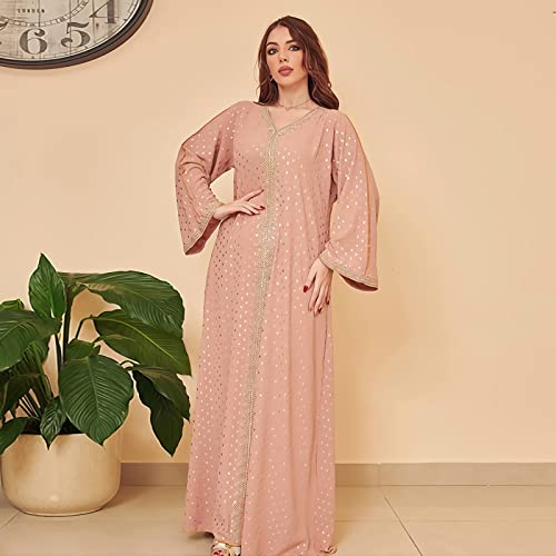 FPOVFPO Women's Muslim Abaya One-Piece V Neck Bronzing Dress Islamic Full Length Kaftan Daily Casual - color: Pink, size: Medium