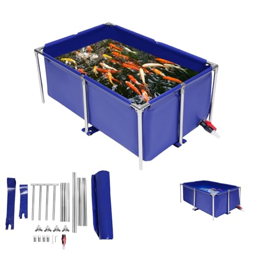 Canvas Fish Pond Blue Cube Canvas Pond Fish Show Tank with Stainless Steel Tubes Collapsible Storage Tank, Ornamental Aquarium Swimming Pool with Drain Blue Aquarium Pool