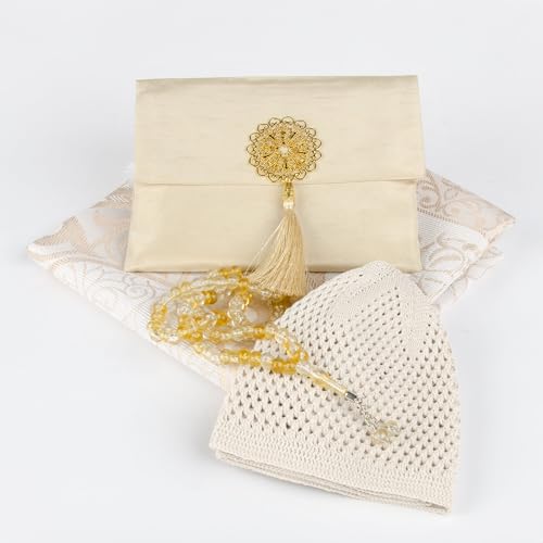 Islamic Prayer Gift Set for Men – Velvet Prayer Mat, Tasbih Beads, Yaseen Book – Muslim Prayer Essentials – Ramadan Eid Gift - color: Beige