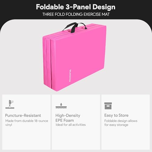 BalanceFrom 6x2 Feet 3-Panel Folding Gymnastics Mat – 2-Inch Thick Pad with Vinyl Surface and Carrying Handles for Tumbling, Yoga, Pilates, Home Workouts, and Martial Arts - color: Pink
