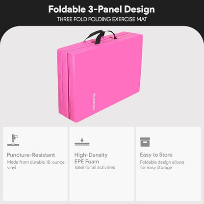BalanceFrom 6x2 Feet 3-Panel Folding Gymnastics Mat – 2-Inch Thick Pad with Vinyl Surface and Carrying Handles for Tumbling, Yoga, Pilates, Home Workouts, and Martial Arts - color: Pink