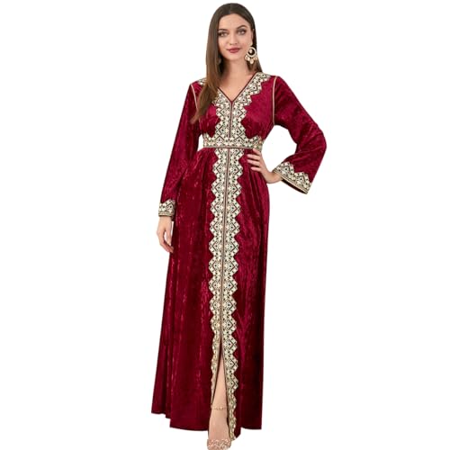 IDOPIP Muslim Women Velvet Dress Embroidery Abayas Long Sleeve V-Neck Moroccan Maxi Kaftan Dubai Robe Arabic Islamic Clothing - color: Wine Red, size: Medium