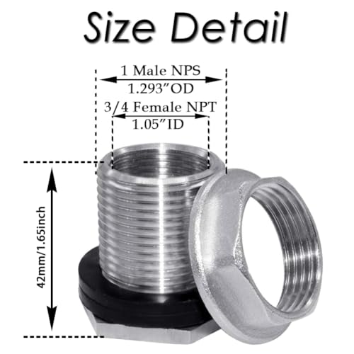 Beduan 1 NPS Male to 3/4 NPT Female Stainless Steel Bulkhead Water Tank Connector Thru-bulk Fitting for Water Tank Barrel(Pack of 2) - size: 3/4 NPT to 1 NPS